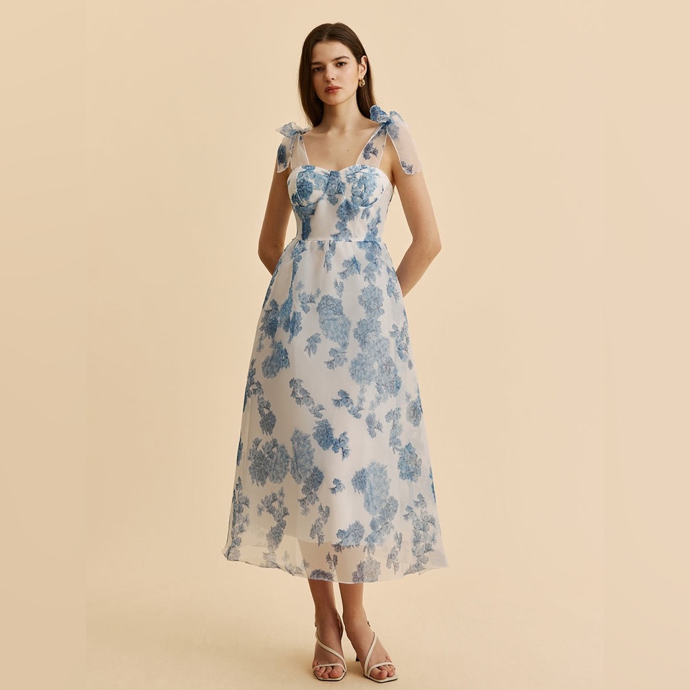 Nwt Commense Blue Floral Bow-Strap Dress